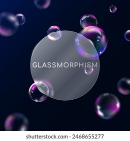 Glassmorphism abstract background with a round transparent frame with a glass overlay effect on a background of realistic bubbles with a blur effect. Template for banner, poster, web design. Vector 