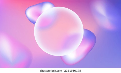 Glassmorphism abstract gradient background with glass frame and blob shape. Liquid purple bubble with glossy overlay circle element. Creative banner layout. Smooth dynamic futuristic illustration