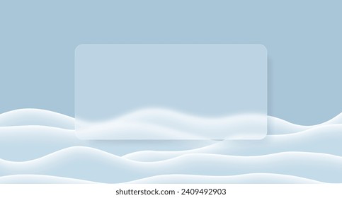 Glassmorphism background banner with transparent glass frame. Natural winter background with square blurry glass effect. Empty snowbanks field. Frozen hills