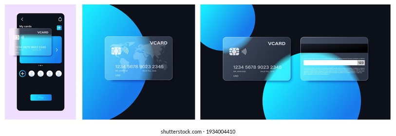 Glassmorphism bank card in popular Frosted Glass style  For banners  websites  apps   other modern ui design projects  Created from blend   easy to change color 
