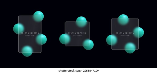 Glassmorphism banners set. Transparent glass plates on green 3d circles. Frosted acrylic or matte plexiglass plates in various rectangle shapes. Realistic glass morphism. Vector illustration.