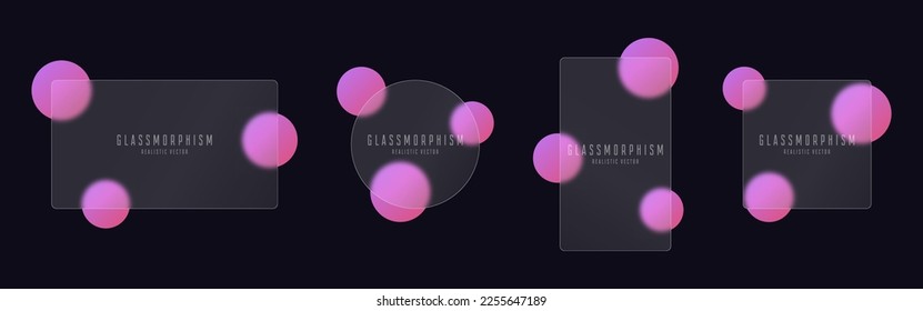 Glassmorphism banners set. Transparent glass plates on pink gradient circles. Frosted acrylic or matte plexiglass plates in various shape. Realistic glass morphism. Vector illustration.