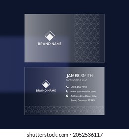 Glassmorphism Business Card In Front And Back Side On Blue Background.