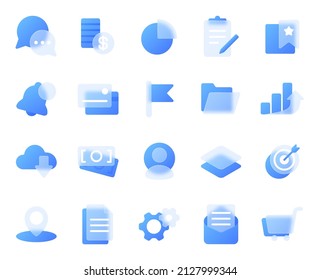 Glassmorphism business strategy icons, transparent blur glass effect icon. Finance management, money, digital marketing symbol vector set. Illustration of glass transparent icons