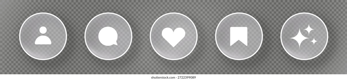 Glassmorphism button uesr, message, like, save, generate UI design element isolated on transparent background. Frosted glass shapes for web, app, banner