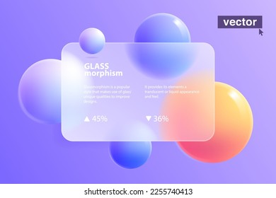 Glassmorphism card concept with colorful floating spheres. Frosted glass effect. Illustration on blurred gradient vector background. Suitable for technology or business corporate homepage.