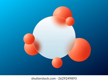 Círculo de glassmorfismo com esferas 3D alaranjadas sobre fundo de gradiente azul