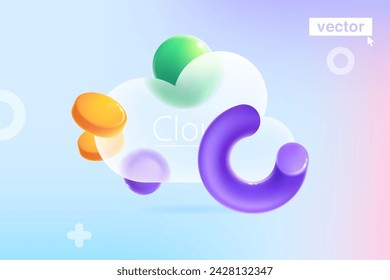 Glassmorphism cloud icon with realistic 3D loading indicator in volume semicircle line, flying golden coins and spheres. Web storage. Transparent plastic weather app UI element. Glass overlay effect. 