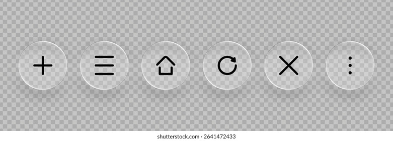 Glassmorphism computer interface buttons. Collection of liquid glass icons, transparent symbols for modern design. Vector graphics.