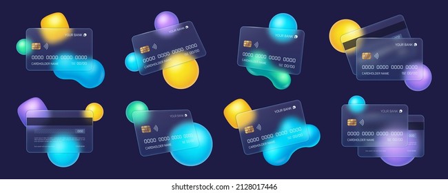 Glassmorphism credit card, frosted glass bank cards with blur effect. Transparent matt plastic debit card with abstract shapes vector set. Illustration of payment card glass template