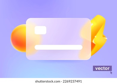 Glassmorphism credit card with lightning icon and sphere. Transparent plastic with blur effect. Banking elements for Cyber Monday sale, Black Friday ads, online payment, favorite business transaction.