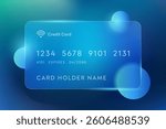 Glassmorphism Credit Card Template with Line Circle Abstract Blue Background. Plastic Glossy glass Rectangle of Transparent with Blur Effect. Futuristic Morphism Art for Digital Banking.