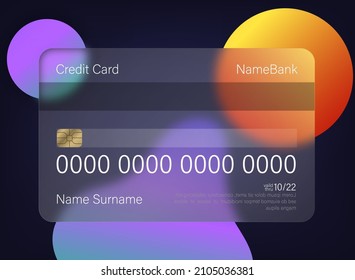 Glassmorphism credit card template. Credit card mockup icon. Glassmorphism style. Transparent plastic shopping debit cards. Glass bank payment card vector set
