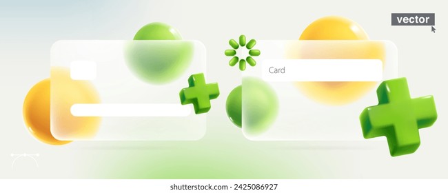 Glassmorphism credit card template with realistic 3D green add, plus, medical cross, loading icon and spheres. Transparent plastic template. Online banking payment with glass overlay effect.