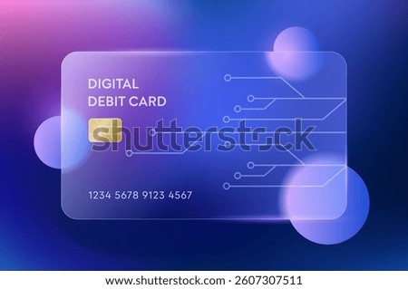Glassmorphism Credit Debit Card Template with Vibrant Purple Gradient Background. Glass Rectangle Transparent with Blur Effect. Futuristic Morphism Modern Digital Banking. Innovation Technology