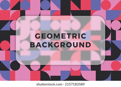 Glassmorphism effect on frosted acrylic or matte plexiglass rectangle on retro geometric pattern. Abstract background with multicolor Bauhaus pattern with basic shapes in square grid