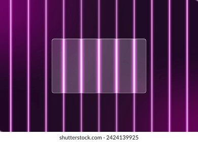 Glassmorphism effect with purple neon vertical lines. Transparent glass plate on background of neon stripes. Frosted acrylic or matte plexiglass rectangle plate. Realistic glass morphism. Vector.