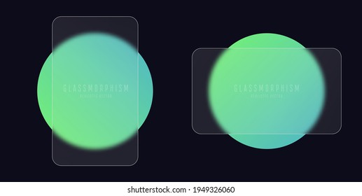 Glassmorphism effect with set of transparent glass plates on green gradient circles. Frosted acrylic or matte plexiglass plates in rectangle shape. Realistic glass morphism. Vector illustration.