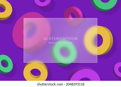 Glassmorphism effect with transparent glass plate on background with moving multicolored 3d rings with shadow. Frosted acrylic or matte plexiglass rectangle plate. Realistic glass morphism. Vector