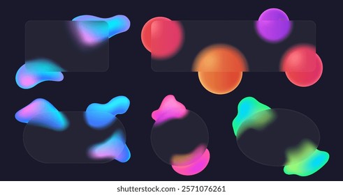 Glassmorphism frames. Translucent glass panels with colorful fluid shape gradient and blurry overlay effect. Semi transparent backgrounds with fluid design elements vector set.