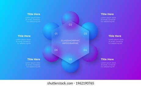 Glassmorphism hexagon infographic concept with 3d geometric shapes. Frosted glass effect. Illustration on blurred gradient vector background.