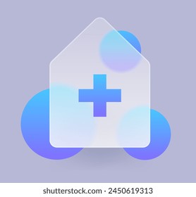 Glassmorphism house with blue cross icon. Online medicine health care sign