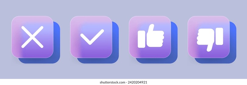 Juego de iconos de Glassmorphismo, marca de verificación, cancela la cruz, levanta el dedo arriba y abajo. Signo de información transparente de vidrio. Ilustración del vector