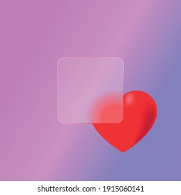 Glassmorphism icon. Valentine's Day. Heart is near square piece of ice that looks like glass surface. Trendy Vector illustration. Glass morphism style. February. Love. Gift for lover. Purple. Pink