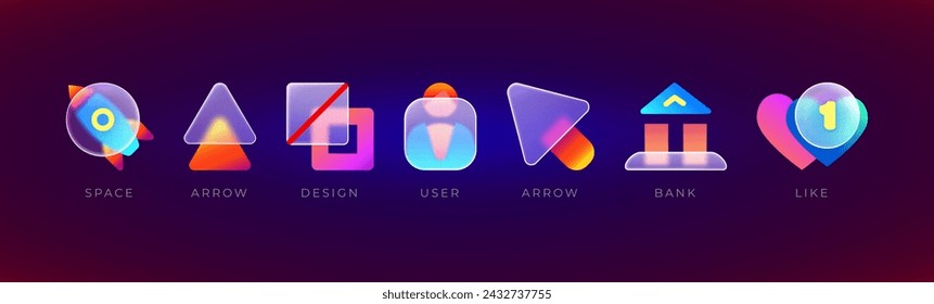 Glassmorphism icons. Realistic glassmorphism UI icons set. Vector collection of glassmorphism gradient elements for your design. Eps 10