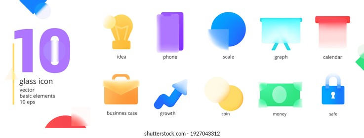 The glassmorphism icons set. Business simple signs with a blured glass signs. Vector flat illustration