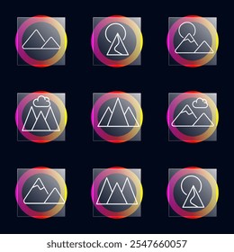 Glassmorphismus-Symbole gesetzt. Gradient kreisförmige Rahmen mit durchscheinenden Glasplatten, mit Berg- und Landschaftskonturen. Abstraktes und modernes Designkonzept für UI-Elemente