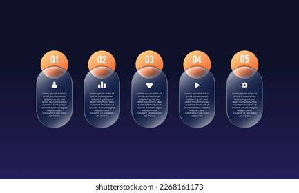 Glassmorphism infographic objects for web application or presentation dark blue and orange gradient concept