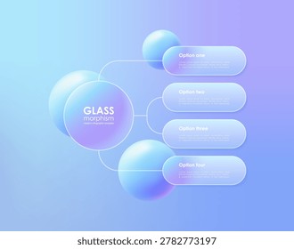 Glassmorphism infographic template with 4 options and 3D spheres for business presentation
