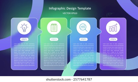 Glassmorphism Infographic Template with Four Steps for Business Process, Timeline, or Marketing Strategy. Modern Vibrant Gradient Design Includes Icons, Charts, Graphs for Reports and Presentations.