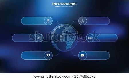 Glassmorphism infographic template with a world map. Bright six-step infographic. Infographic for business, education, technology, electronics, and industry. UI UX Design, tech