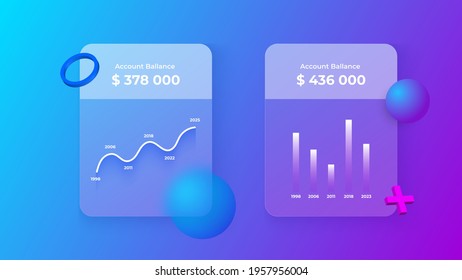 Glassmorphism infographics charts concept with 3d geometric shapes. Frosted glass effect. Illustration on blurred gradient vector background.