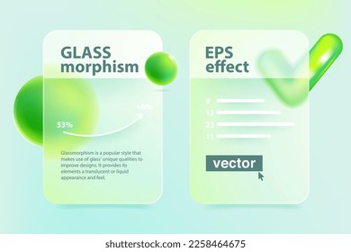 Glassmorphism infographics charts concept with 3d geometric shapes. Transparent screen with eco-friendly checkmark icon and spheres. Frosted glass effect. Illustration on blurred vector background.