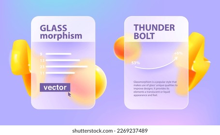 Glassmorphism infographics charts concept with lightning and spheres. Mate glass with blur effect. Realistic vector 3D render illustration. UI element for banner, Cyber Monday sale, Black Friday ads.