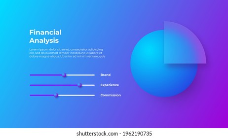 Glassmorphism infographics concept with 3d pie chart icon. Frosted glass effect. Illustration on blurred gradient vector background.