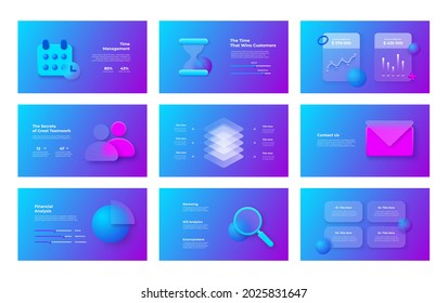 Glassmorphism infographics set  3d geometric shapes and frosted glass effect  Illustration blurred purple gradient vector background 