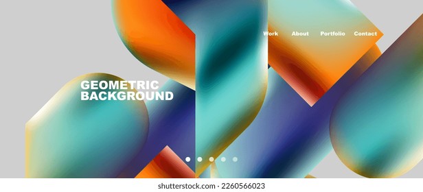 Glassmorphism landing page background template. Colorful glass shapes with metallic effect abstract composition for wallpaper, banner, background