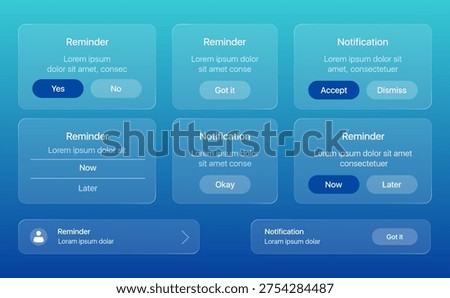 Glassmorphism liquid glass reminder and notification UI popup set on blue gradient background