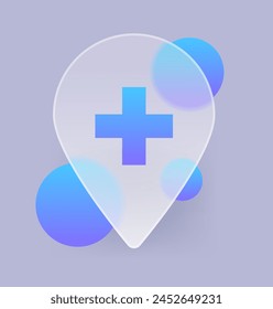 Icono de marcador de ubicación de morfismo de vidrio con cruz azul. Hospital en el mapa