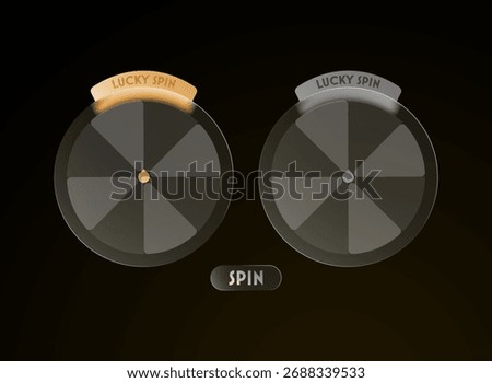 Glassmorphism lucky spin wheel game UI, elegant transparent interface with gold and silver theme, modern glossy design on dark gradient background.