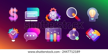 Glassmorphism matte ui icon set with blurred neon gradient for mobile app design. Transparent frosted glass morphism icons of business strategy, chart, web settings, money sign and search magnifier.