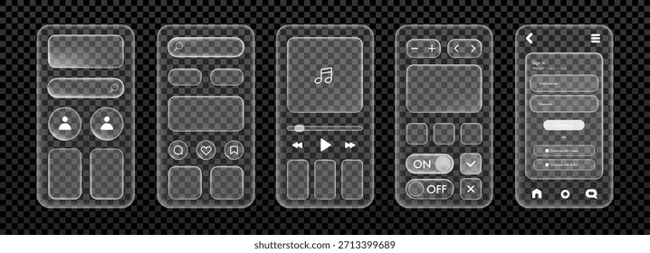 Plantilla de App móvil de morfismo de vidrio. Interfaz de teléfono inteligente de Elementos de diseño UI. Formas de vidrio esmerilado transparente, iconos, Botones, pantalla para App, Anuncios