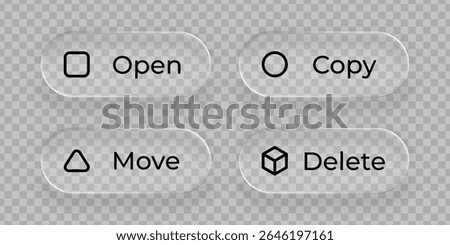 Glassmorphism open, copy, move, delete vector icons. Liquid glass design elements. Modern user interface concept.