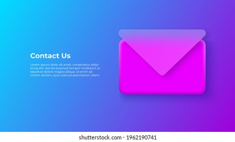 Glassmorphismo nuestro concepto de contactos con un icono de correo 3d. Efecto de vidrio escarpado. Ilustración sobre el fondo vectorial de gradiente borroso.