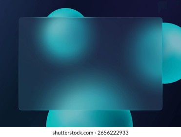 Panel de morfismo de vidrio con esferas azules brillantes sobre fondo oscuro