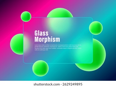 Glassmorphism panel with green spheres and colorful neon gradient background